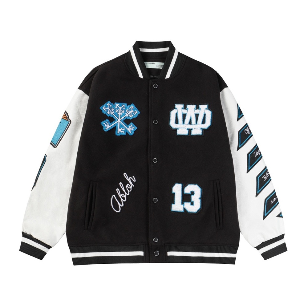 Off-White Black and White Bomber Jacket with Blue Accents
